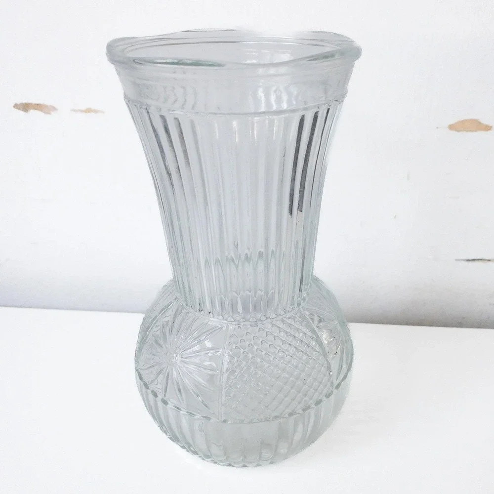 Clear Glass Vase Ribbed Body Round Bottom Flower Home Decor Modern Farmhouse